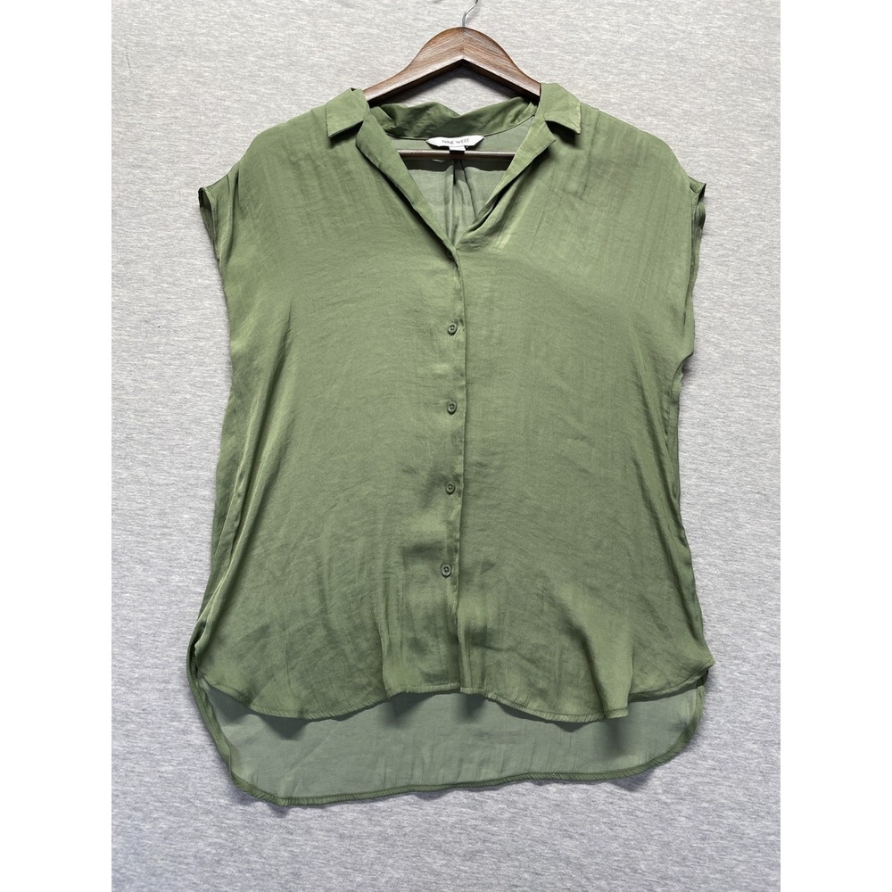 Nine West Blouse Top Womens Medium Green High Low Hem Sleeveless Button Front